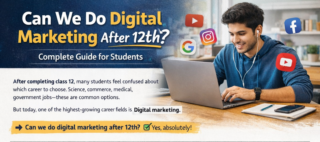 Student studying digital marketing on a laptop after completing class 12