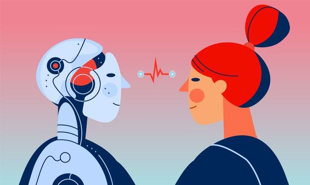 A colorful vector illustration showing a humanoid robot and a woman in profile, facing one another. Both have gentle, welcoming expressions. A small, red digital pulse line connects them in the space between their faces, set against a soft pink and blue gradient background.